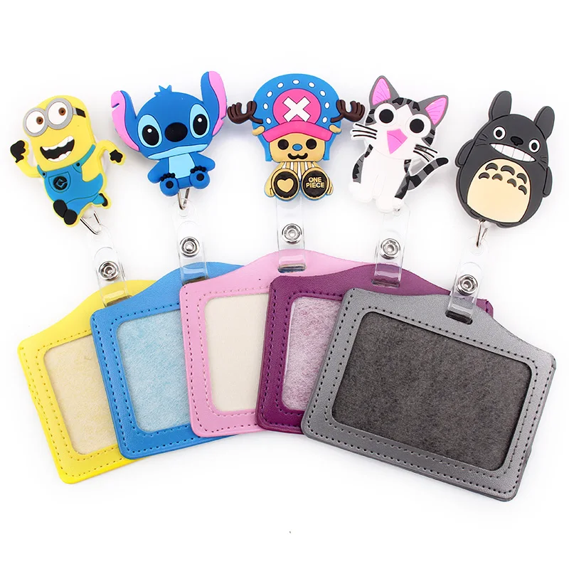 

Cute cartoon Waterproof Retractable Badge Reel with Horizontal style PU ID Business Card Work Card Badge Holder Office Supplies