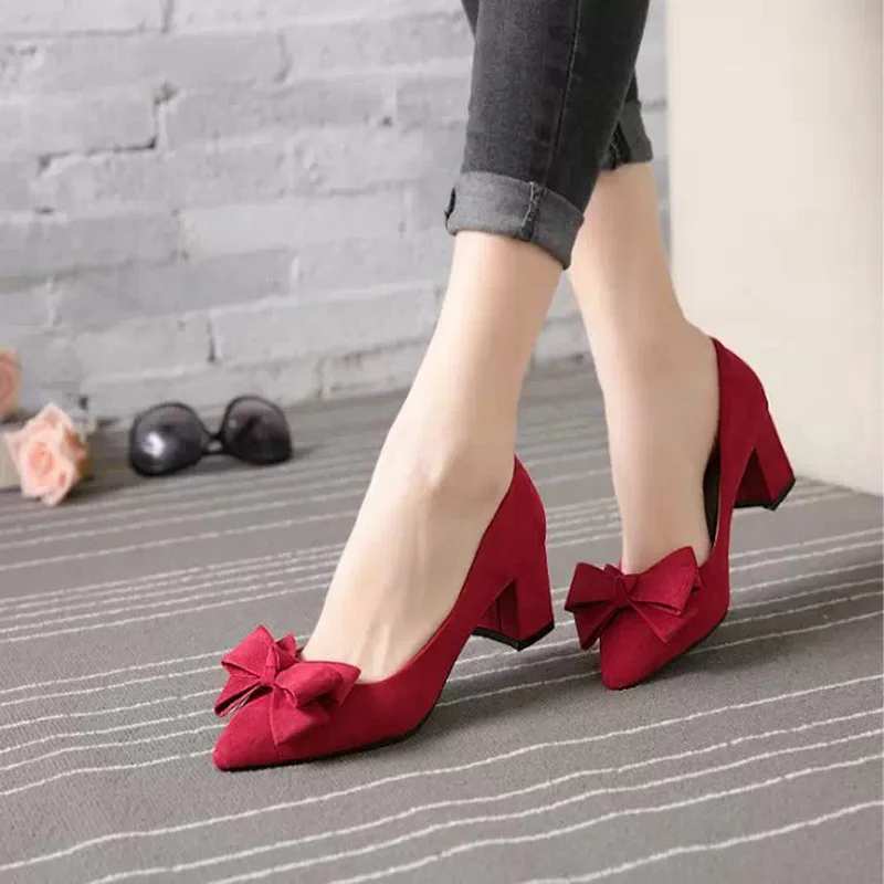

Bow-knot Pure Color Suede Shoes Women High Heels Pumps Flock Pointed Toe Women Pumps Ladies Shoes Thin High Heel Large
