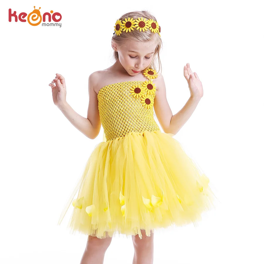 

Sunflower Girls Tutu Dress with Headband Petals Embellished Princess Tulle Dress Children Birthday Party Performance Clothes