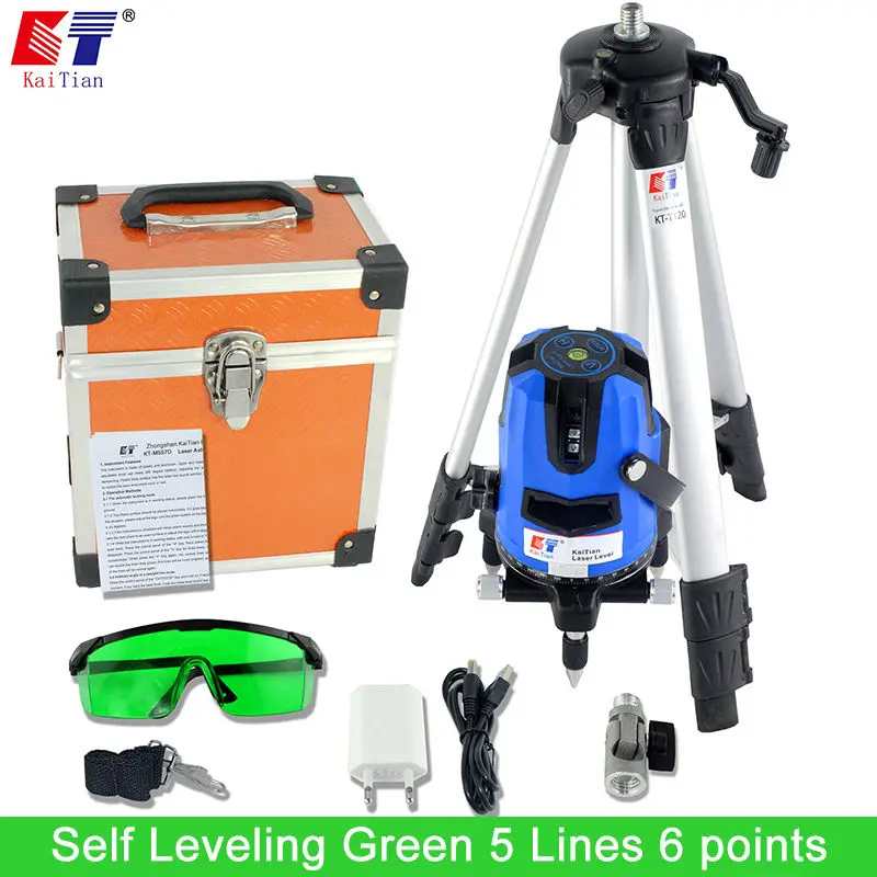 KaiTian Green Laser Level Tripod Tilt Function Euro Plug 635nM Lazer Level 5 Lines 6 Points