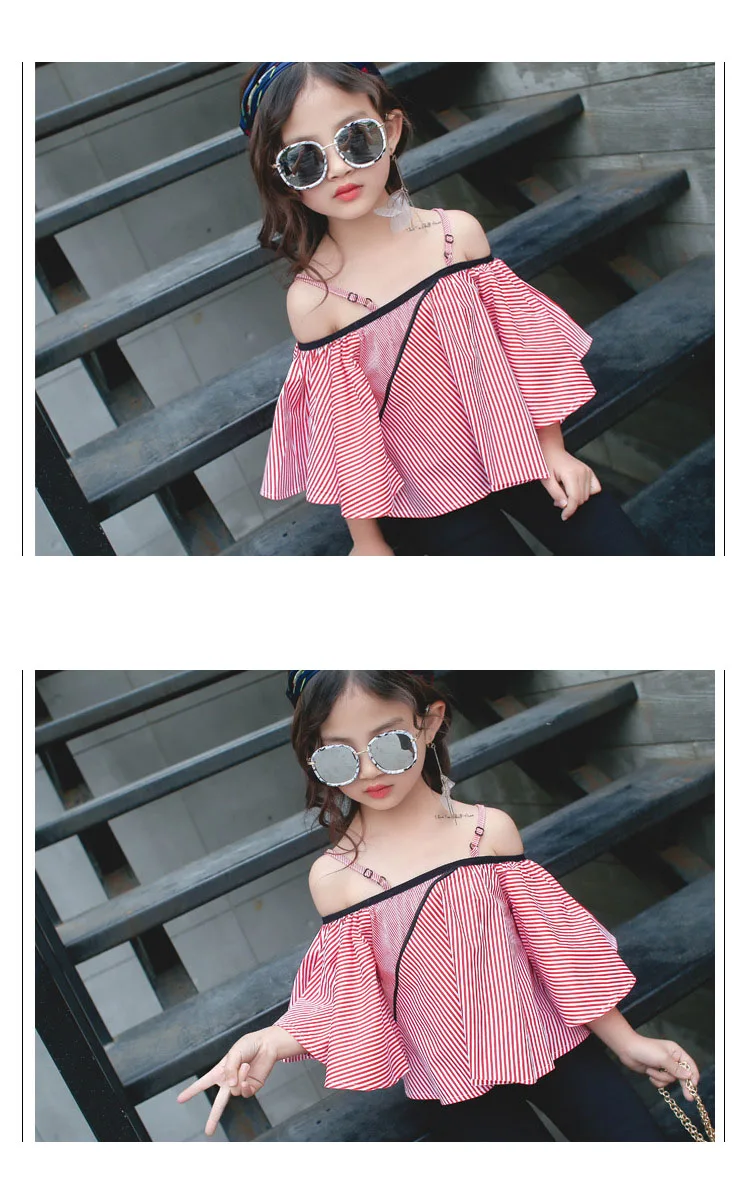 big girl summer shirt petal sleeve off shoulder black red striped blouse for girls toddler children clothing 2018 new tops clothes (15)