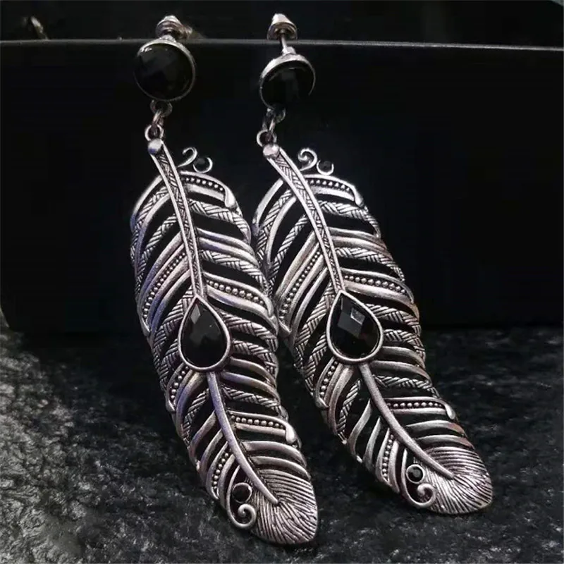 

Aliespress Cheapest Big Long Feather Earring For Women Black Resin Ancient Silver Earrings Fasion Jewellery