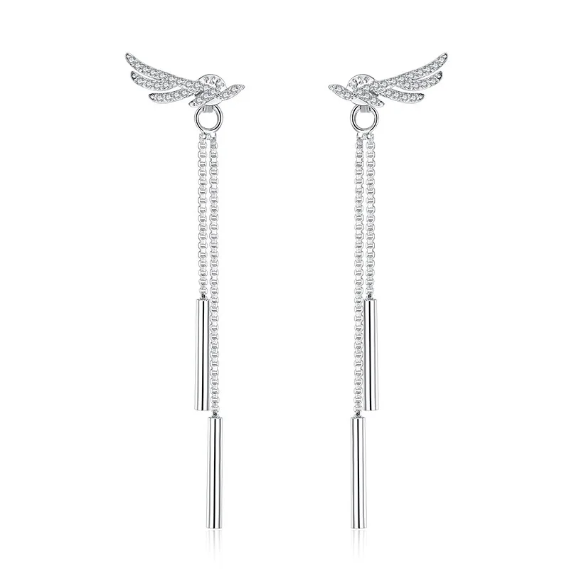 

100% 925 sterling silver fashion shiny crystal angel wings ladies`long stud earrings women jewelry female Christmas gift cheap
