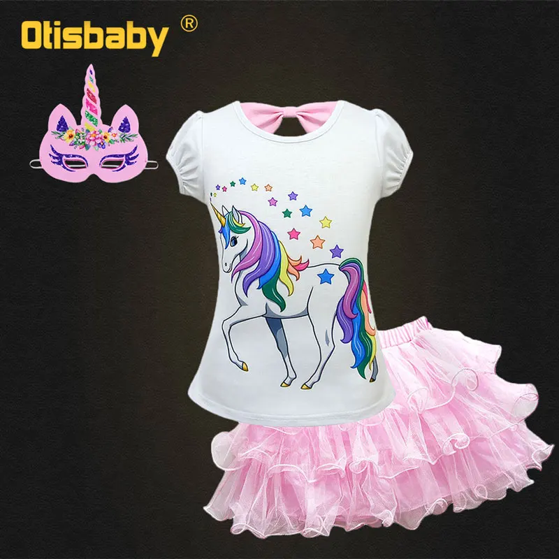 

2-10 Age Children Unicorn Costume Cotton T-Shirt + Ball Gown Tutu Skirt Girls Horse Clothing Set Unicorn Mask Fancy Kids Suit