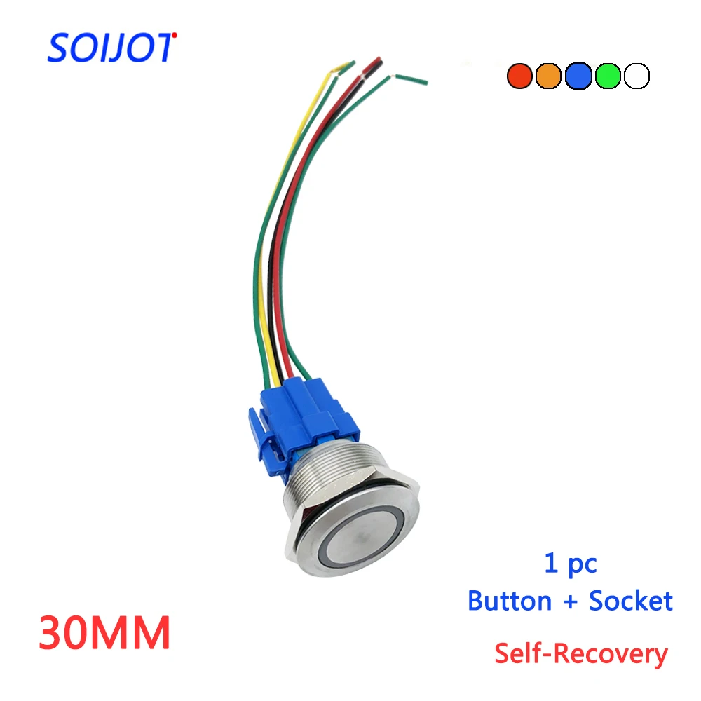 

1PC 30MM Self-Recovery Flat Head Round Sign LED 3V~220V Metal Button Switch Instantaneous Button Automatic Reset Waterproof