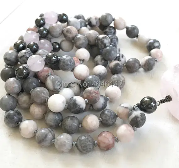 SN00016Rose Quartz Mala Beads, Open The Heart To Love Mala Necklace, Pink Zebra Jasper Mala, Yoga Meditation Beads, 108 Bead Hand Knotted Mala4 (3)