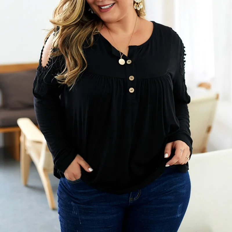 Big Size  Blouse Women Shirts Lace Holow Out Long Sleeve Women Tops Plus Size Solid Shirts Button Blusas Oversized Female A074