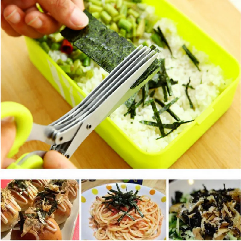 

Multi-functional Stainless Steel 5 Layer Kitchen Knife Scissor Shredded Chopped Scallion Cutter Herb Laver Spices Cook Tool Cut