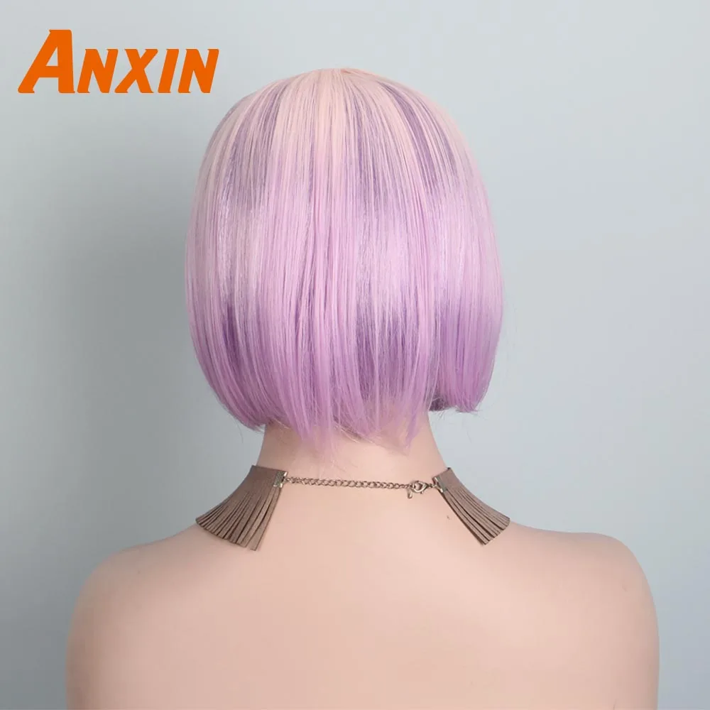 Sintética para Meninas Resistente ao Calor Anxin Doce Ombre Curto Rosa Bob Peruca Cor Festa Anime Cosplay 3 Anxin doce ombre rosa curto bob peruca