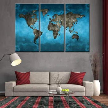 

3 piece blue color canvas painting World Map Abstract Blue Heart Letter printing poster for home office wall decoration
