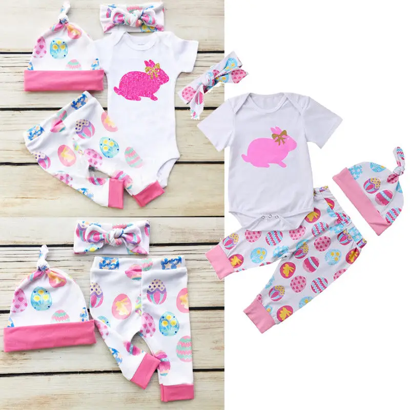PUDCOCO 4Pcs Newborn Baby Girl Easter Short Sleeve Rompers+ Pants