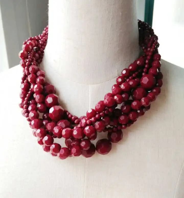 Yellow Dark Red Statement Acrylic Beads Braided Choker Necklace women necklace