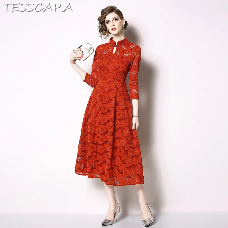 Orange TESSCARA для женщин Элегантный кружево платье Festa повседневное китайский стиль Роковой Высокое качество модные дизайнерские женские длинные вечерние ч - Цвет: Orange