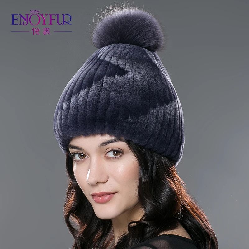Женская вязаная шапка с помпоном ENJOYFUR зимняя из лисьего меха|fur zebra|fur hat menfur patterns |