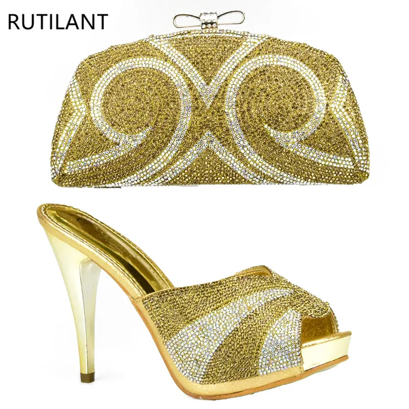 

Latest Gold Color African Matching Shoes and Bags Italian In Women Nigerian Shoes and Matching Bags Set Rhinestone Wedding Shoes