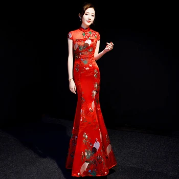 

Embroidery Crans Chinese Dress Women Trumpet Dresses Long Robe De Soiree Perspective Sexy Exquisite Qipao Evening Party Gown