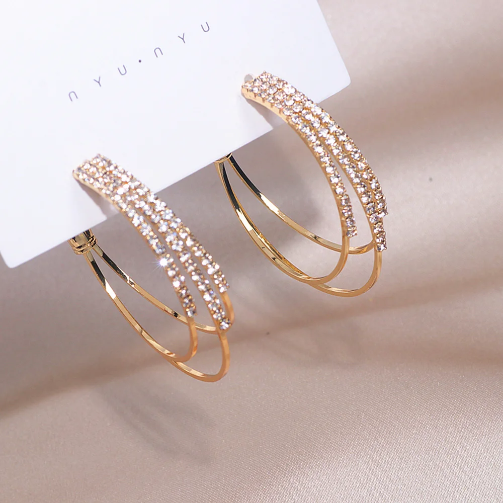 

Trendy Big Circle Earrings Multilayer Round Hoop Earrings For Women Shining Gold Color Rhinestone Earrings Wedding Party Jewelry