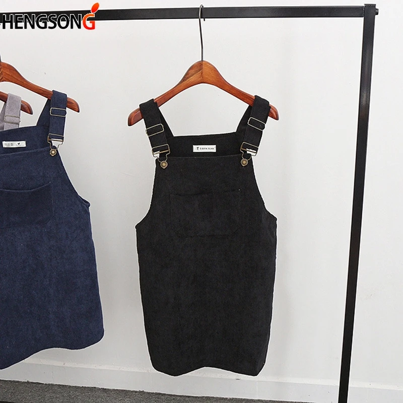 

HENGSONG Korean Women Retro Corduroy Dress Autumn Spring Suspender Sundress Sarafan Loose Vest Overall Dress 723298