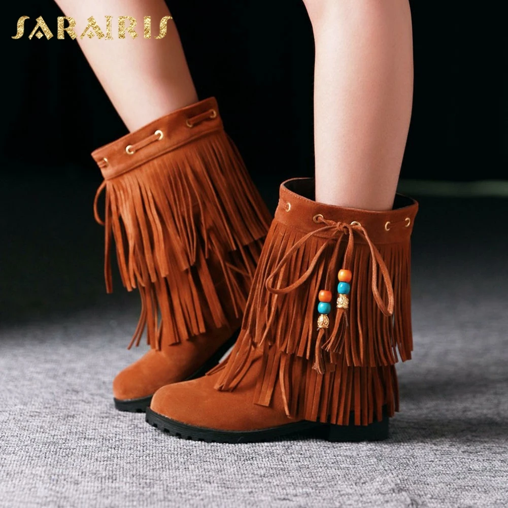 

SARAIRIS 2018 Big Size 34-43 Fashion Bohemian Style Fringes Winter Shoes Woman mid-calf Boots Leisure women's Shoes