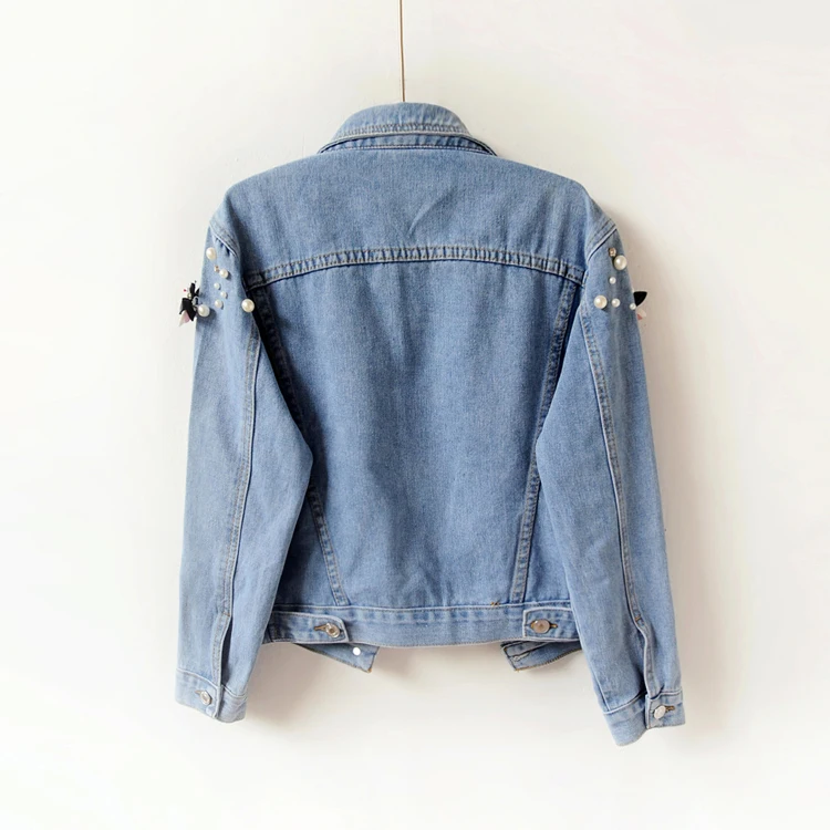 Decal De Denim Vintage Ciel Courts Femmes Manteaux Coupés Printemps Taille La Sauvage Veste Base Pu Perles Manteau Jeans Cardigan Plus dXvq6