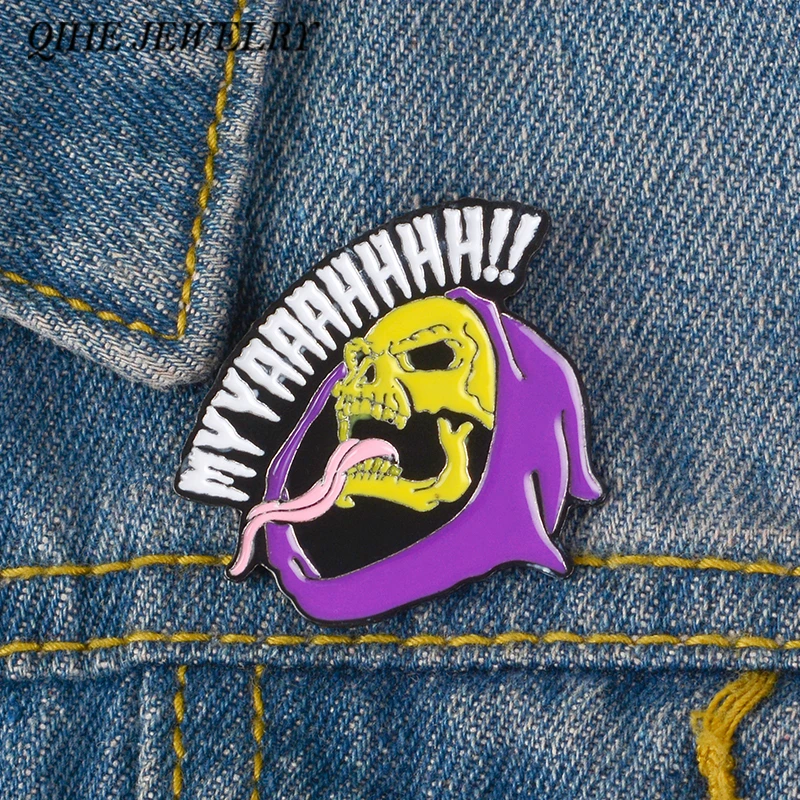 

QIHE JEWELRY Skeleton Pins Master Of The Universe Enamel Pin Purple Robe Skeleton Brooches Halloween Jewelry