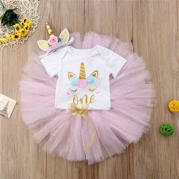 

Lovely Newborn Baby Girls Clothes Set Unicorn Birthday Short Sleeve Party Bodysuit Tutu Lace Skirt Girl Clothing Outfits 3PCs