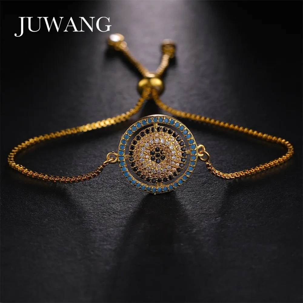

JUWANG Round Blue Evil Eye Bracelet &Bangle Greece Eye Colorful Cubic Zirconia Gold/Rose Gold/Sliver Color Bracelet Jewelry Gift