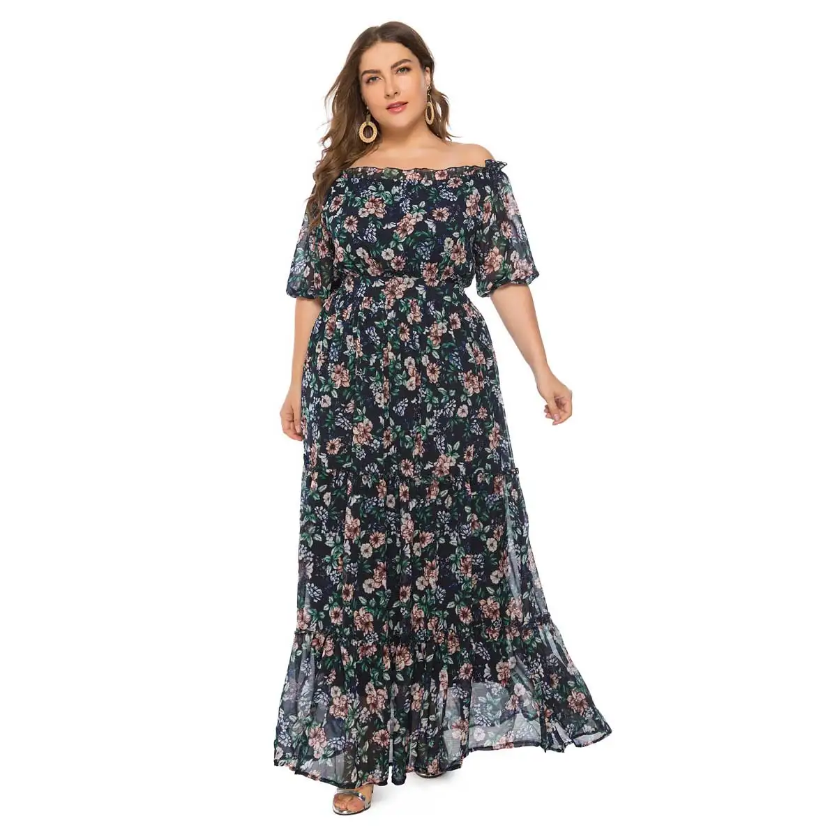 

2019 Summer Women Bohemian Maxi Dress Plus Size Off Shoulder Slash Neck Elastic Floral Printed Chiffon Beach Vestidos VKDR1579
