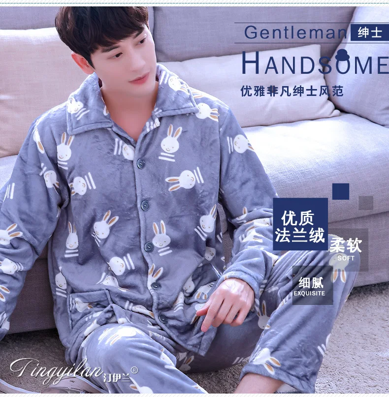 Men Pajama Sets Winter Autumn Coral Fleece Warm Men Sleepwear Suits Thick Homewear Long Sleeve Pijama Man Sleep Pyjama XXXL