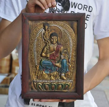 

wedding decoration 12"Tibet buddhism old wood Hand painted hold katana Fudo Acalanatha Wall hanging