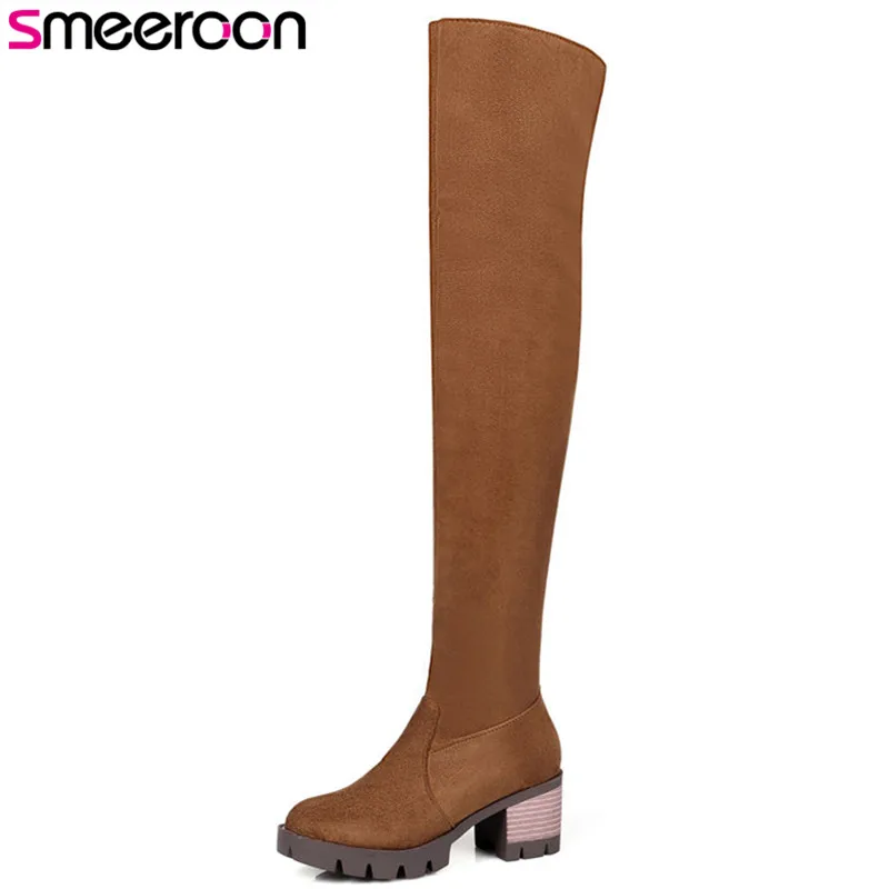 

Smeeroon fashion autumn winter boots knee high boots round toe flock high heels women boots party shoes big size 34-43