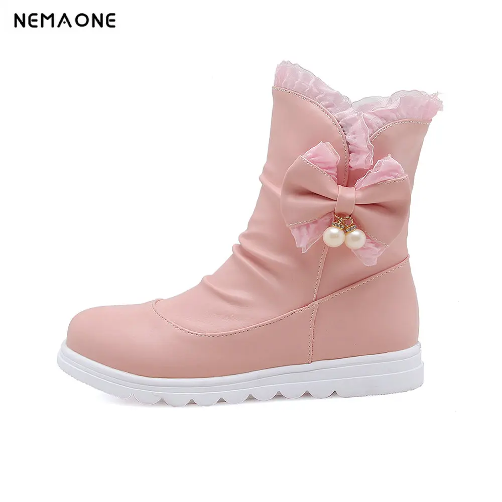 

NEMAONE sweet girl's flats ankle boots female warm boots women boots winter women shoes large size 43 black white pink