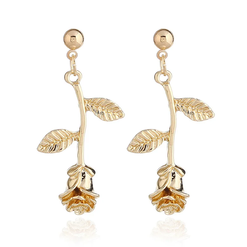 Fashion Womens Alloy Flower Rose Drop Metal Simple Floral Earrings Jewelry For Girls