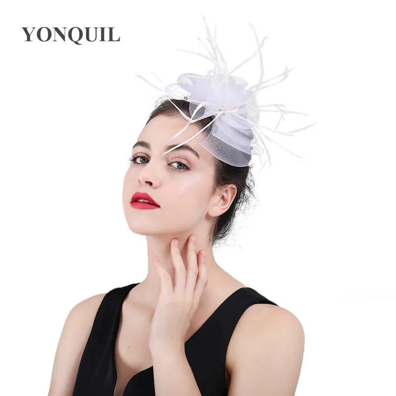 Noiva elegante branco mantilha tulle pena fascinator