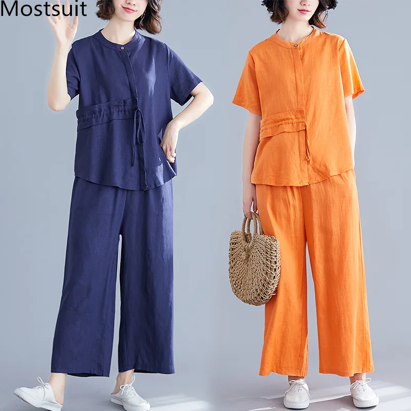 

2019 Summer Cotton Linen Two Piece Sets Outfits Women Plus Size Short Sleeve Shirts And Wide Leg Pants Suits Vintage Loose Sets