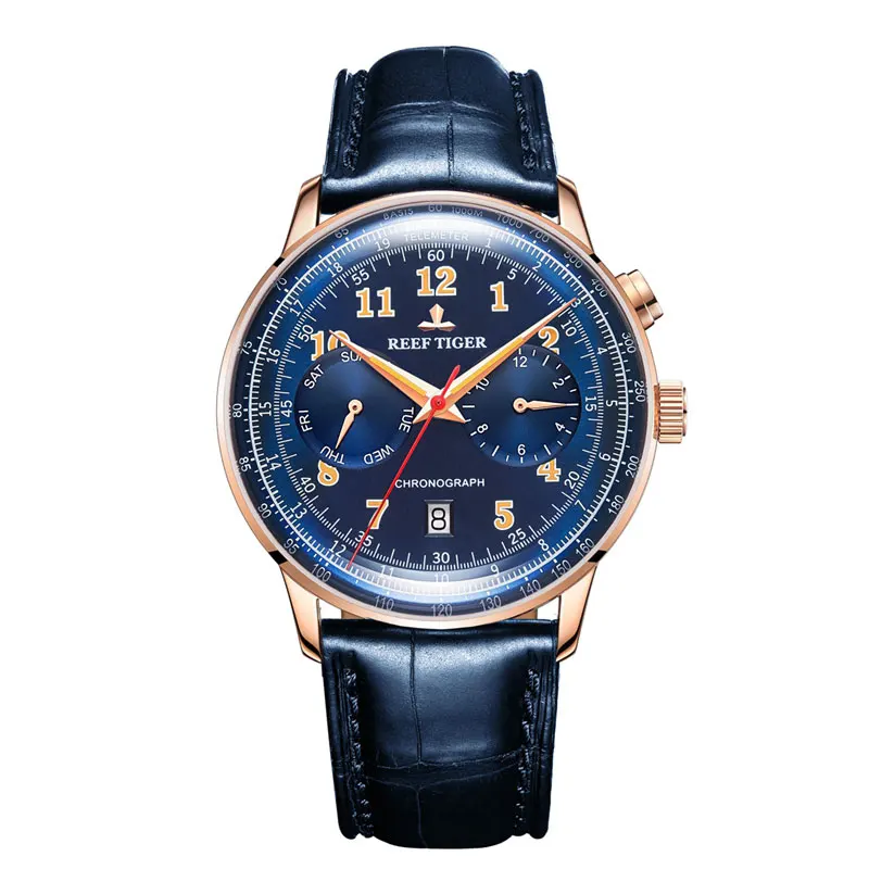 Риф Тигр/RT Лидирующий бренд синие автоматические пилотные часы мужские Функциональные Механические часы водонепроницаемые наручные часы с кожаным ремешком RGA9122 - Цвет: RGA9122-PLL