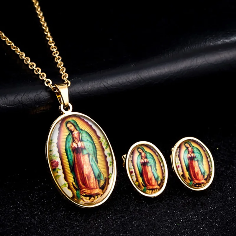 

Fashion Trendy Stainless Steel Jewelry Set For Women Men Catholic Guadalupe's Virgin Mary Charm Pendants Necklaces Stud Earrings
