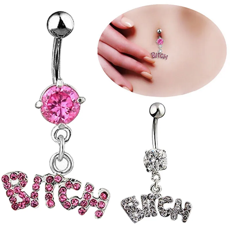 Steel Rhinone Sexy BITCH Letter Dangle Navel Belly Button Ring Body Piercing Sexy Dangle Piercing CZ Crystal Piercing Rings