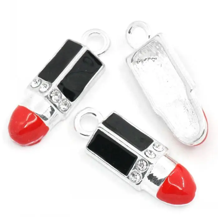 Online DoreenBeads Retail Charm Pendants Lipstik warna Silver Enamel Red   Black W Berlian Imitasi 25x8.5mm, 10 PCs