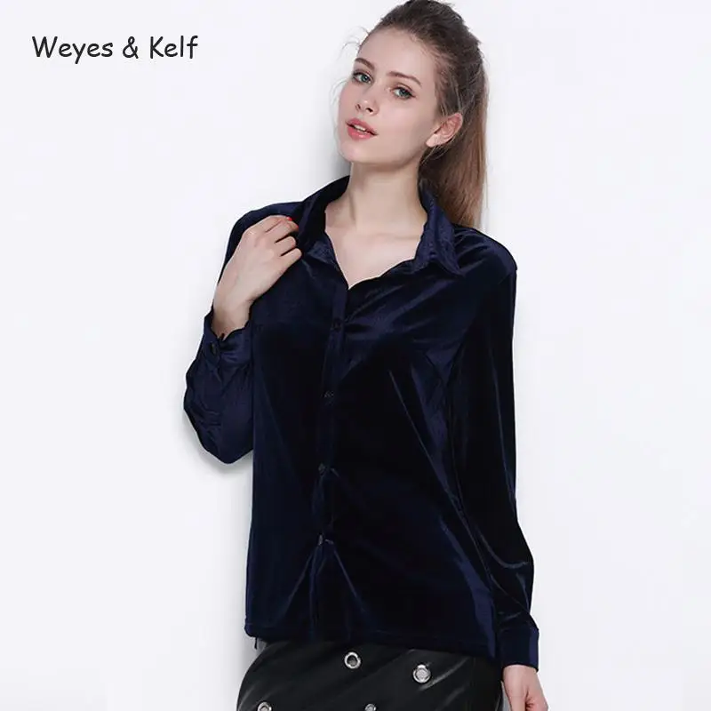 Weyes и кепф Повседневное темно-синий бархат пикантные однобортный рубашка blusas Для женщин Spiring soild длинным рукавом Для женщин blusas femininas