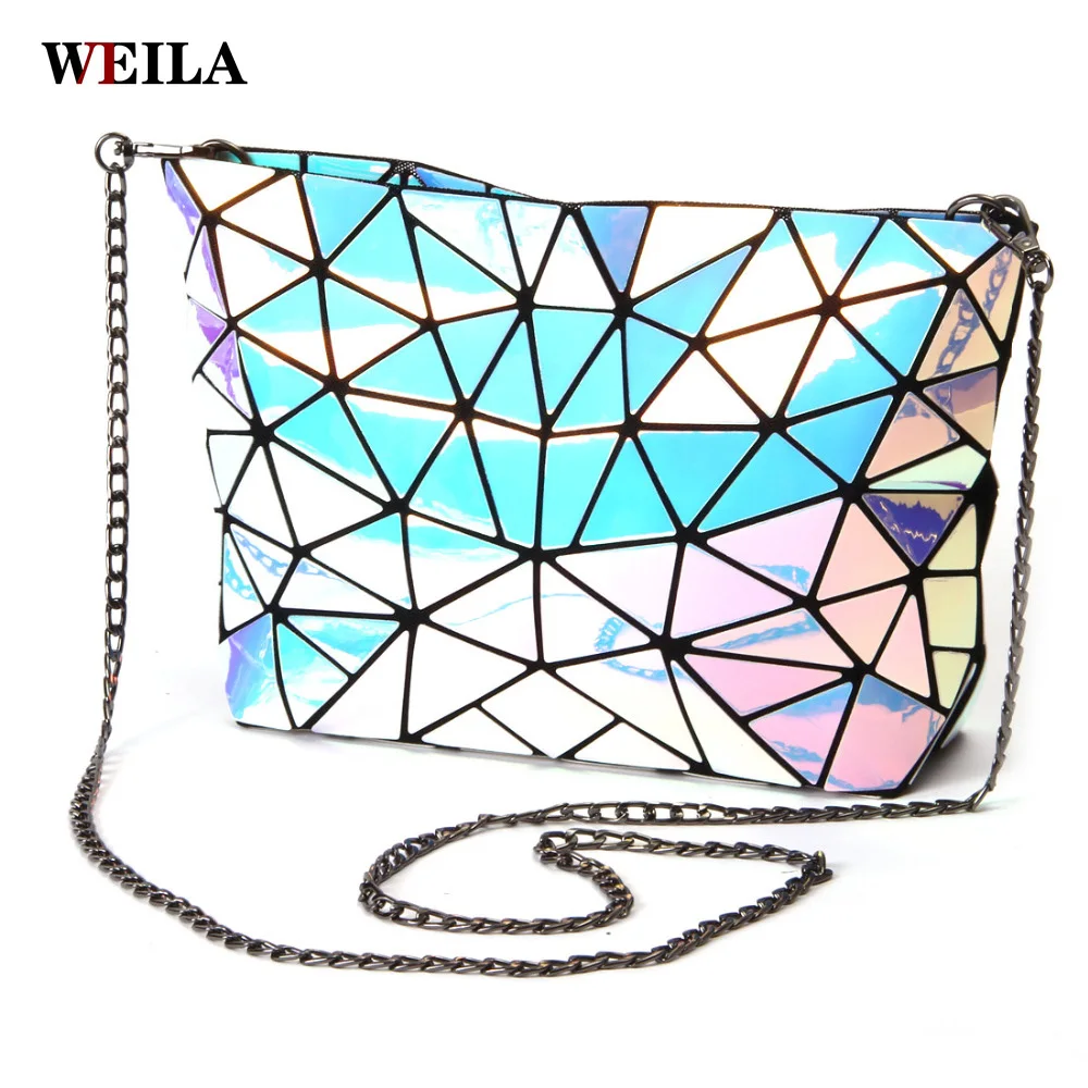 

Folding Womenbag Geometric Plaid Bag Casual Tote Chain Shoulder Bao Bag Female Composite Style Hologram Laser Silver Bags