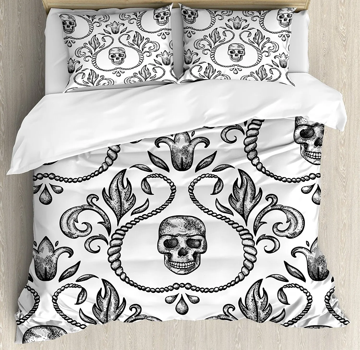 

Gothic Decor Duvet Cover Set Ornament with Skull Goth Skeleton Floral Design in Baroque Style Illustration 4 Piece Bedding Set