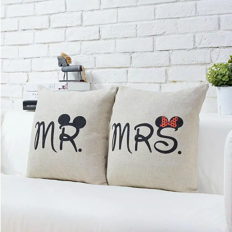 Mr And Mrs Couple Pillow Cases Valentine's Gift Linen Cushion Cover Home Decor 