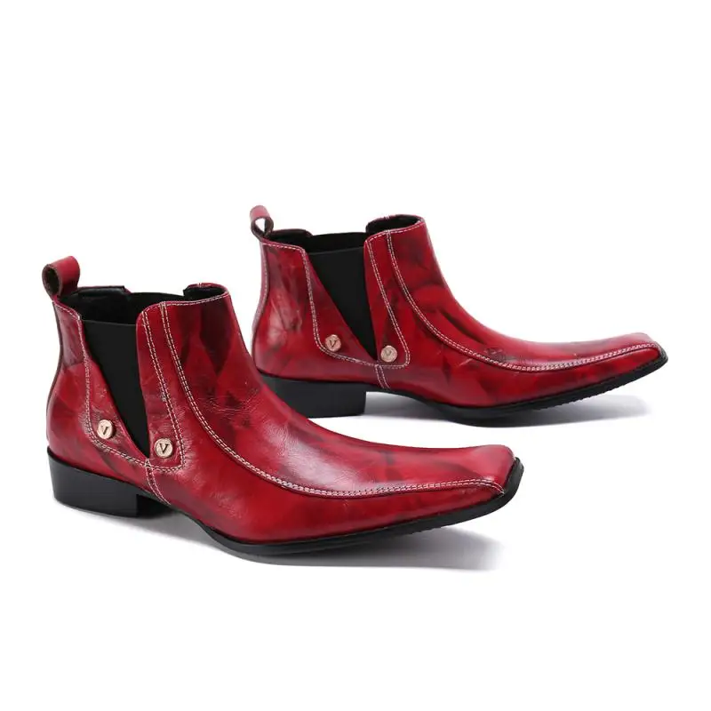 

New Men Chelsea Boots Ankle Leather Boots Man Slip-on Male Martins Boots Red Fashion Shoes