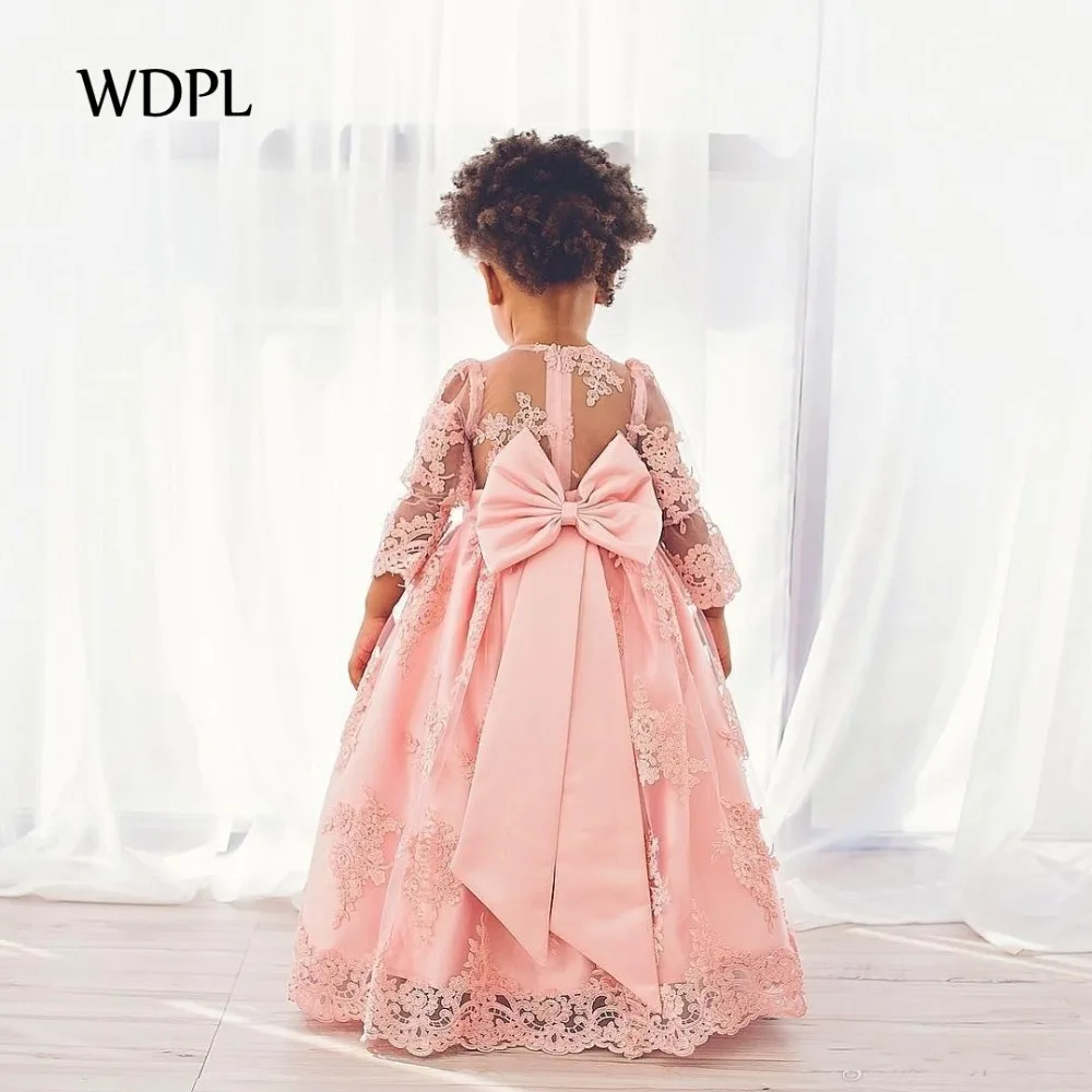 Пышное Платье с длинными рукавами для девочек, детское вечернее платье, vestido daminha, платье с цветочным узором для девочек, розовое