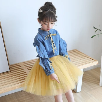 

denim blouse +tutu skirt 2 pieces clothing sets 2018 110 to 160 cm