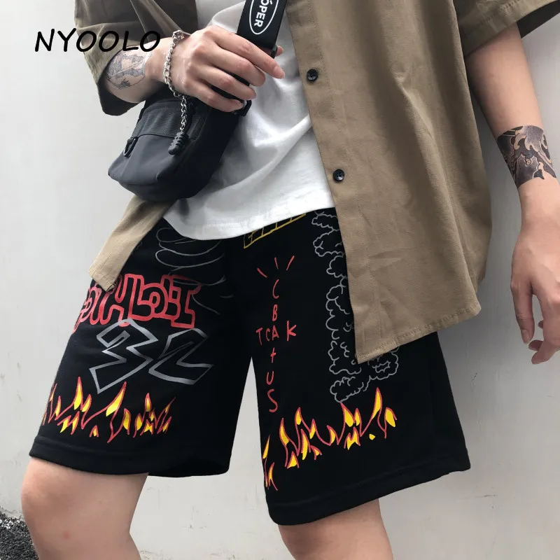 

NYOOLO Vintage Flame Graffit letters print hip hop dance pants Summer elastic wasit knee length pants women men streetwear