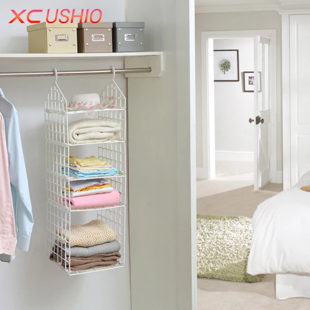 XC USHIO Folding Wardrobe Clothes Storage Rack Hooks Home Plastic Closet Storage Shelves Hanging