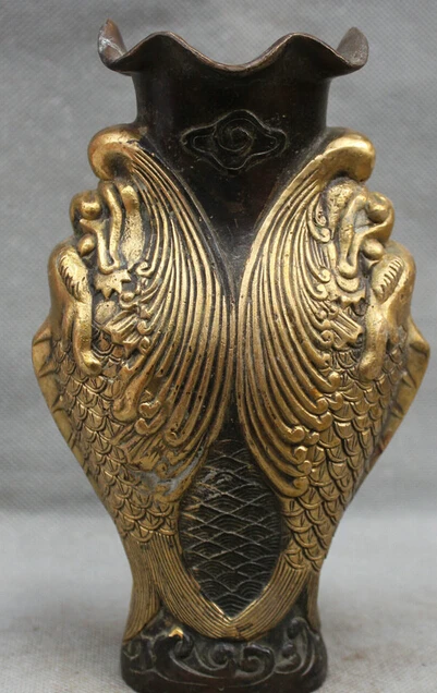 

8" Chinese Dynasty Palace Bronze Gild Dragon Fish jardiniere Flower Bottle Vase R0710