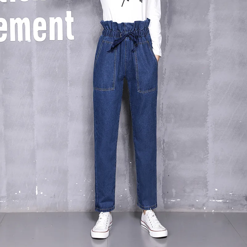 2018 Autumn winter new flower buds loose waist curling jeans women street fashion girls pants black high waist boyfriend jeans
